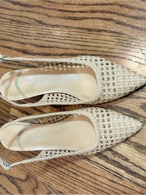Nine West Cream Woven Pointed-Toe Slingback Heels